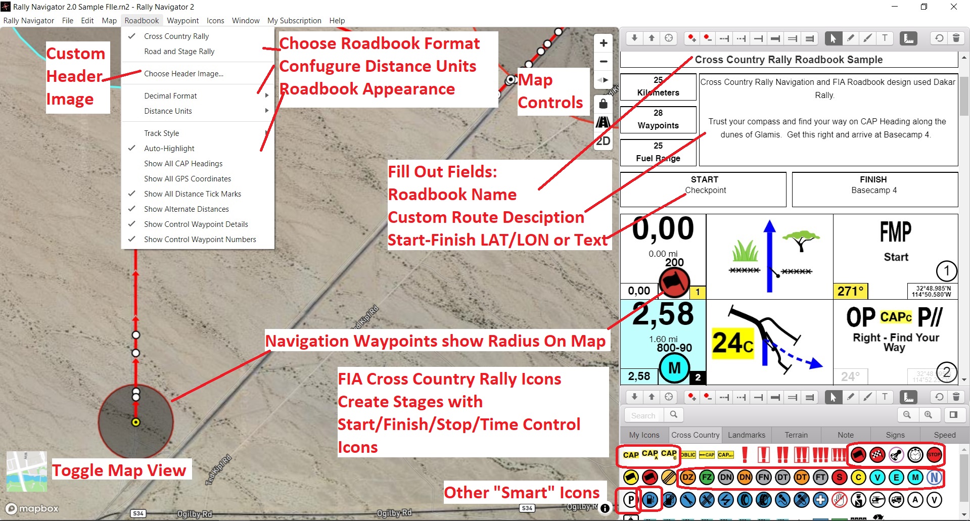 Rally route planned on a 3D terrain map in Rally Navigator